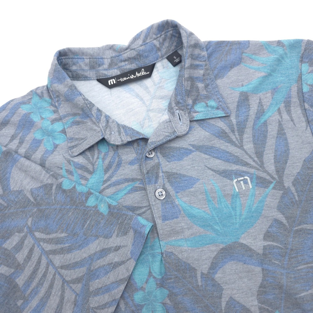 TravisMathew Mens Small Blue Tropical Floral Palm Print Short Sleeve Polo Shirt
